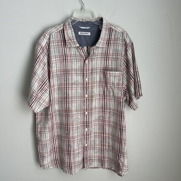 Tommy Bahama Plaid Short Sleeve Button Down Shirt Hawaiian Aloha - Picture 1 of 6